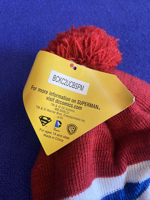 Official DC Comics Superman Super Hero Knit Cuffed Beanie Toque With Pom Pom