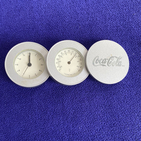 Vintage Coca Cola Clock + Thermometer - Silver Fold Up Official Coke Brand New