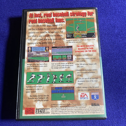 Tony La Russa Baseball (Sega Genesis, 1993) Authentic w/ Stat Cards - Tested!