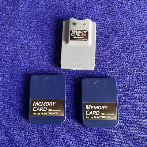 PlayStation 1 PS1 Performance 3 Memory Card Lot + 2X - CIB Complete
