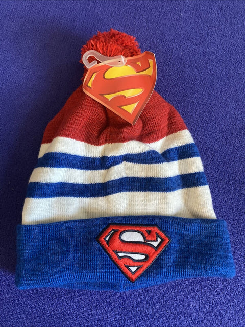 Official DC Comics Superman Super Hero Knit Cuffed Beanie Toque With Pom Pom