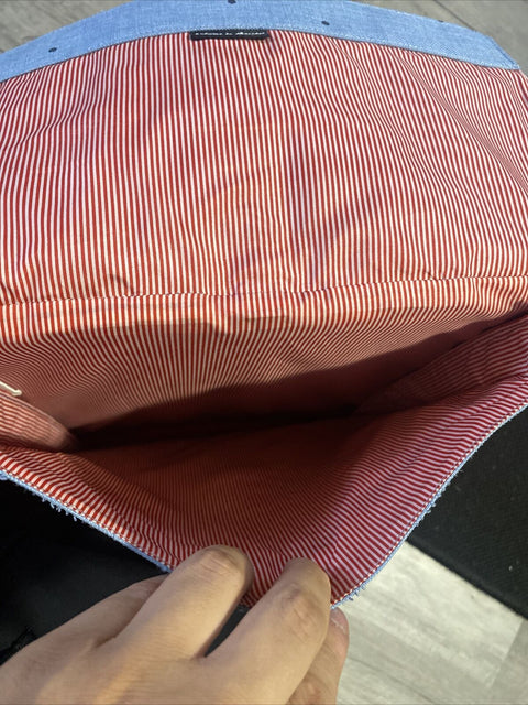 Hershel Baby Blue Square Backpack Red Stripe Interior Magnet Close Adj Straps