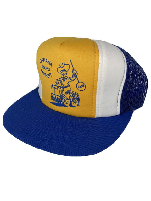 Vintage Oshawa Rodeo Transit Blue + Yellow Snapback Mesh Trucker Cap Hat 1988