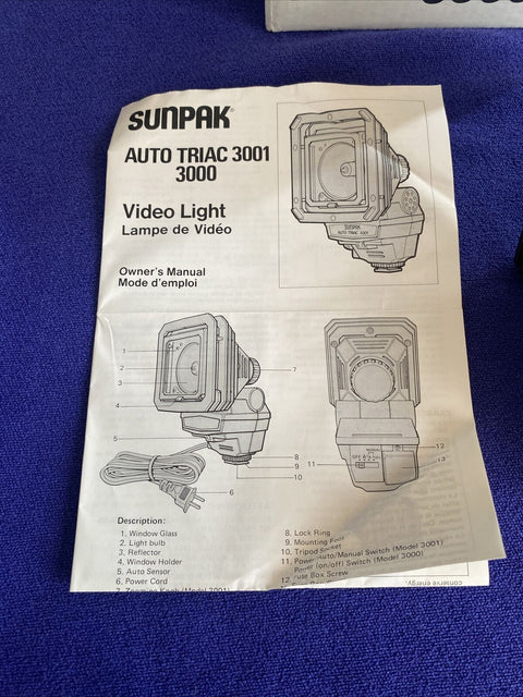 Vintage Sunpak Auto Triac 3000 Video Light w/ Box + Instructions - Tested!