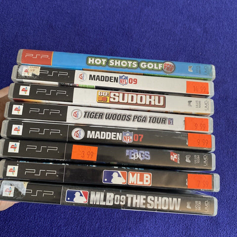 Sony PSP Lot of 8 Games - MLB, Tiger Woods, Madden, Hot Shots - Tested