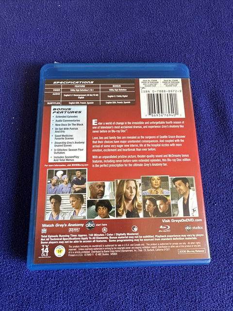 Greys Anatomy - The Complete Fourth Season (Blu-ray Disc, 4-Disc Set) Season 4