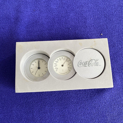 Vintage Coca Cola Clock + Thermometer - Silver Fold Up Official Coke Brand New