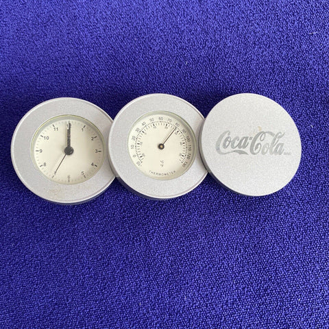 Vintage Coca Cola Clock + Thermometer - Silver Fold Up Official Coke Brand New