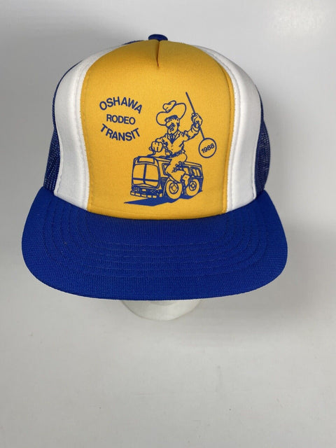 Vintage Oshawa Rodeo Transit Blue + Yellow Snapback Mesh Trucker Cap Hat 1988