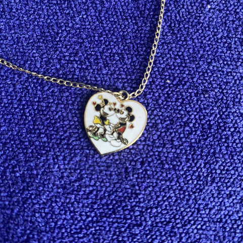 Vintage Disney Mickey + Minnie Heart Love Kids Necklace - 14.5” Inch Chain