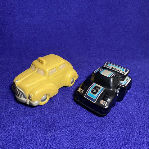 Lot of 2 Vintage Ceramic Mini Piggy Banks - Black Porsche 5” + Yellow Taxi 6”