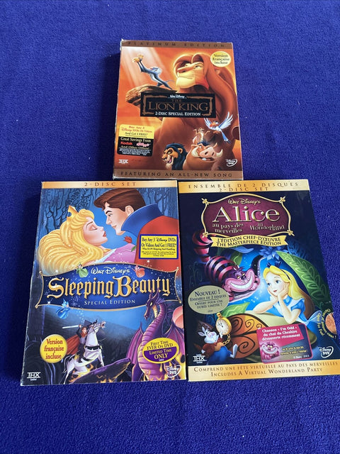 Lot of 3 Special Edition Walt Disney DVD’s - Lion King, Sleeping Beauty, Alice