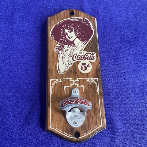 Vintage Coca-Cola Wooden Wall Mounted Starr X Metal Bottle Opener Woman In Hat