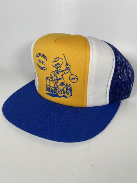 Vintage Oshawa Rodeo Transit Blue + Yellow Snapback Mesh Trucker Cap Hat 1988