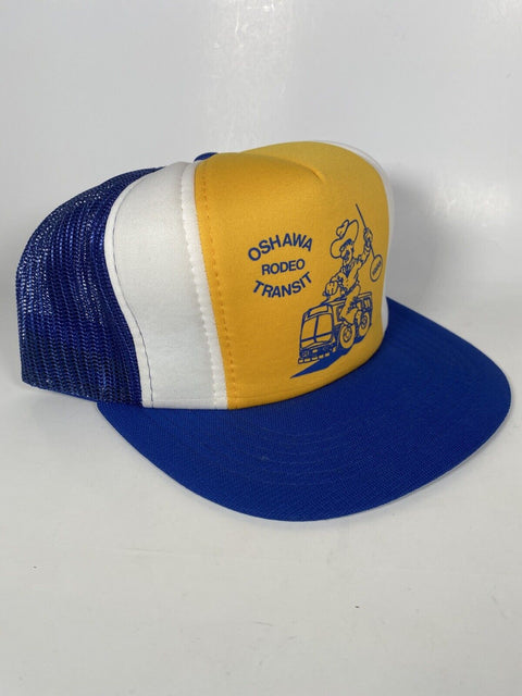 Vintage Oshawa Rodeo Transit Blue + Yellow Snapback Mesh Trucker Cap Hat 1988