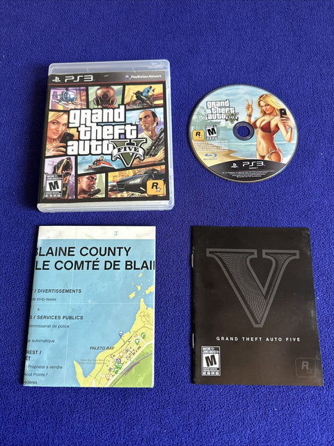 Grand Theft Auto V 5 (PlayStation 3, 2013) GTA PS3 Complete w/ Map - Tested!