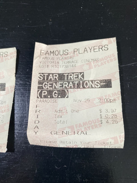 1994 Star Trek - Generations - Famous Players General Ticket Stub x2